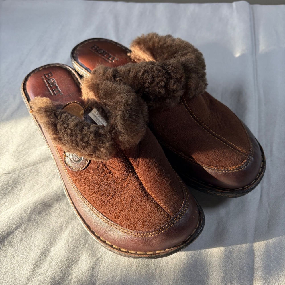 Born Womens Brown Leather Shearling Lined Clogs Mules Shoes W81796‎ Size 8 39